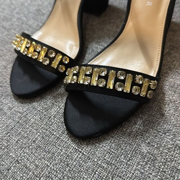 Metaphor Sesha Black Satin Jewel Embellished Open Toe Block Heels - Picture 3 of 6